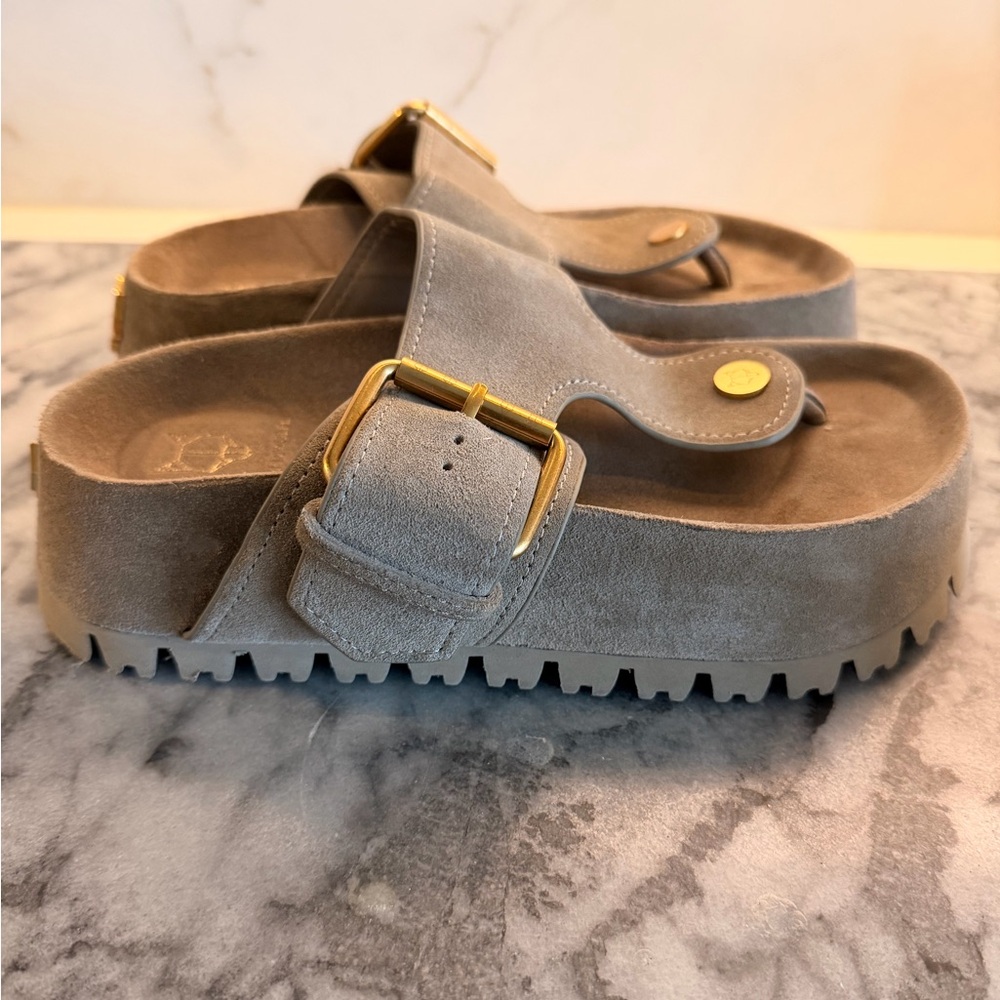 Naked Wolfe Taupe Suede Platform Vixen Buckle Sandals